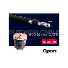 QPORT Q‑CATO2 CAT6 UTP 23 AWG (0.58 mm) 500 Metre Siyah Outdoor Dış Ortam Ethernet Kablo – Saf Bakır, UV‑Su Dayanıklı PVC