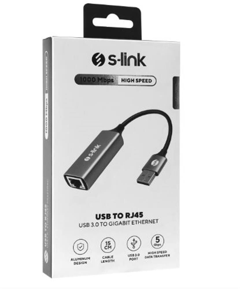 S-link SW-U334 Gri Metal USB 3.0 to RJ45 10-100-1000Mbps Gigabit Adaptör