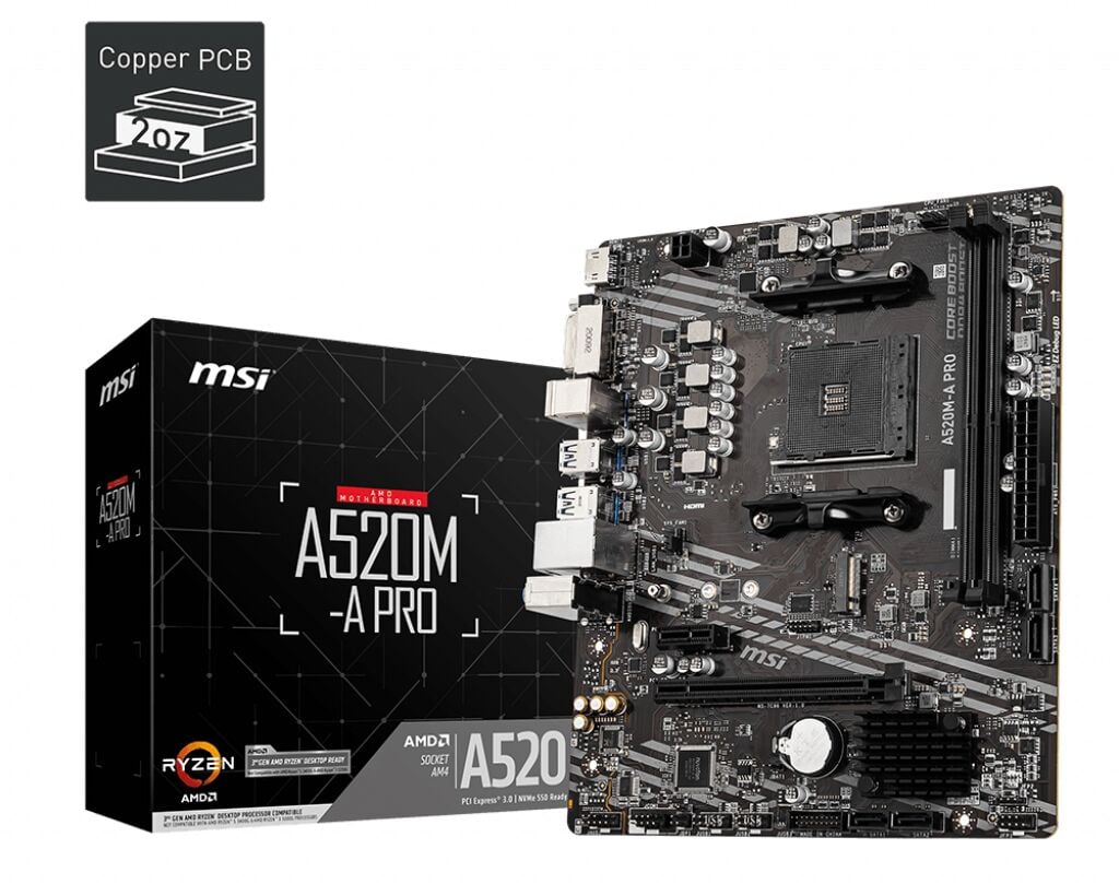 MSI A520M‑A PRO AMD Socket AM4 DDR4 4600(OC) / 1866 MHz M.2 Turbo, Micro‑ATX Anakart