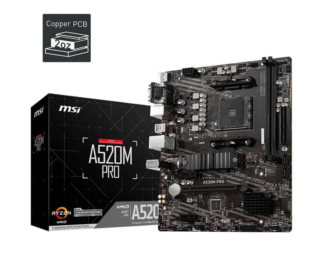 MSI A520M‑A PRO AM4 Socket DDR4 Dual‑Channel 64 GB 4600 MHz (OC) M.2 PCIe Gen3 x4 mATX Anakart