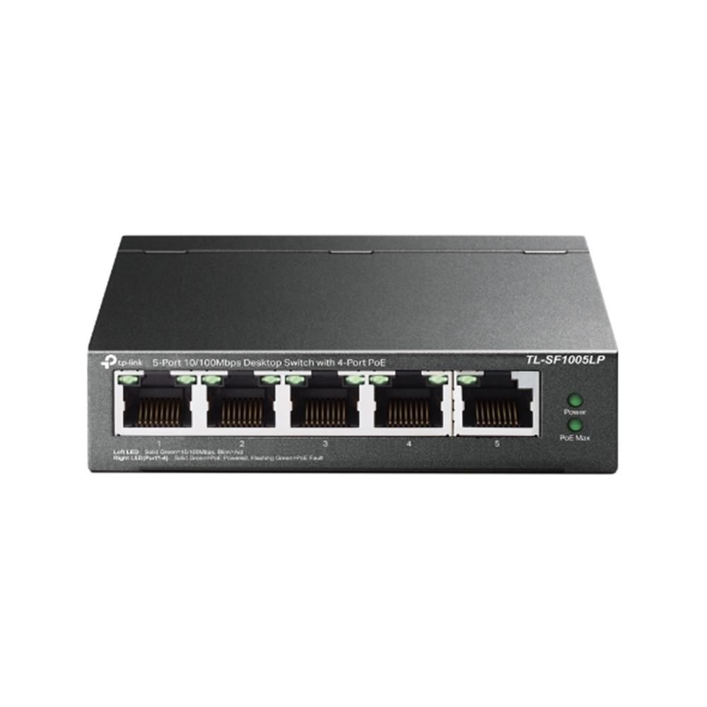 Tp‑Link TL‑SF1005LP 5‑Port 10/100 Mbps Desktop Switch – 4× 802.3af/at PoE+ Port (Her Port 30 W’e kadar), 41 W Toplam PoE Bütçesi, 1× Uplink Port, Metal Kasalı