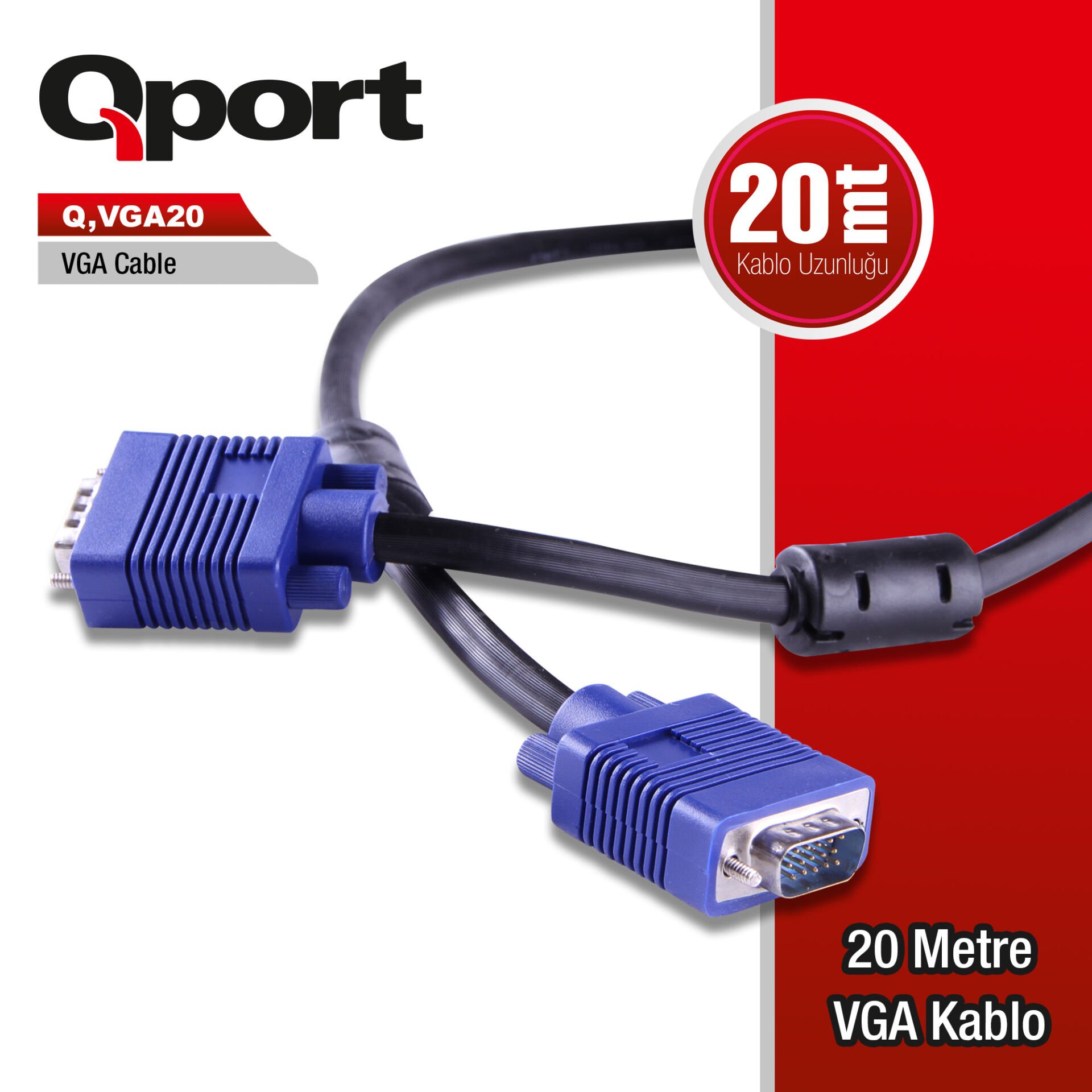 Qport Q-VGA20 20 Metre Full HD (1080p) 3+6 Bakır Çekirdekli VGA (M/M) Görüntü Kablosu