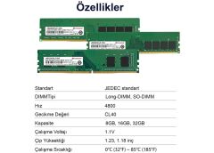 Transcend JetRam 32GB DDR5 4800MHz CL40 U-DIMM Masaüstü Bellek (JM4800ALE-32G)
