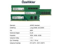 Transcend JetRam 32GB DDR5 4800MHz CL40 U-DIMM Masaüstü Bellek (JM4800ALE-32G)
