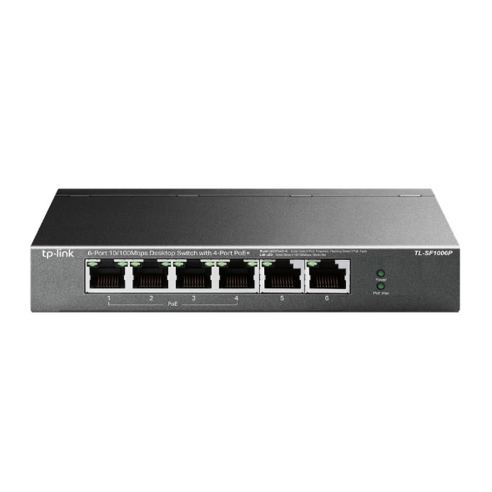 TP‑Link TL‑SF1006P 6‑Port 10/100 Mbps (4× PoE+ 802.3af/at, 67 W Bütçe, 2× Uplink) Metal Kasa Masaüstü PoE+ Anahtarı