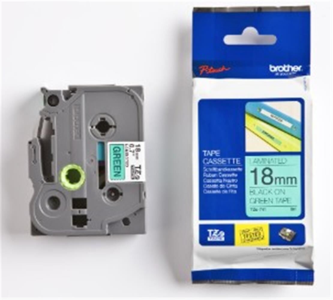 Brother TZE-741 18 mm Yeşil Zemin Üzerine Siyah Yazılı Laminasyonlu P-Touch Etiket Şeridi