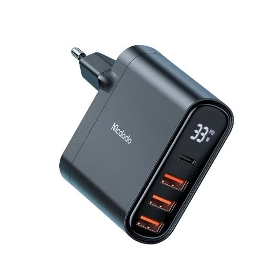 Mcdodo CH-2250 33W GaN Dijital Göstergeli 4 Portlu (1xUSB-C + 3xUSB-A) Hızlı Şarj Adaptörü - Siyah