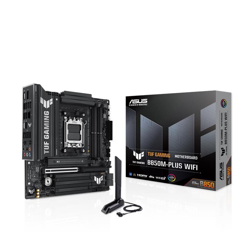 ASUS TUF GAMING B850M‑PLUS WIFI mATX AM5 Anakart · AMD Ryzen 9000/8000/7000 Serisi Destekli · DDR5 8000 MT/s (Max 256 GB) · 1×HDMI 2.1 + 1×DisplayPort · PCIe 5.0 GPU Slot & 3×M.2 Yuvası · Wi‑Fi 6E & 2.5 Gb LAN · 14+2+1 80A VRM