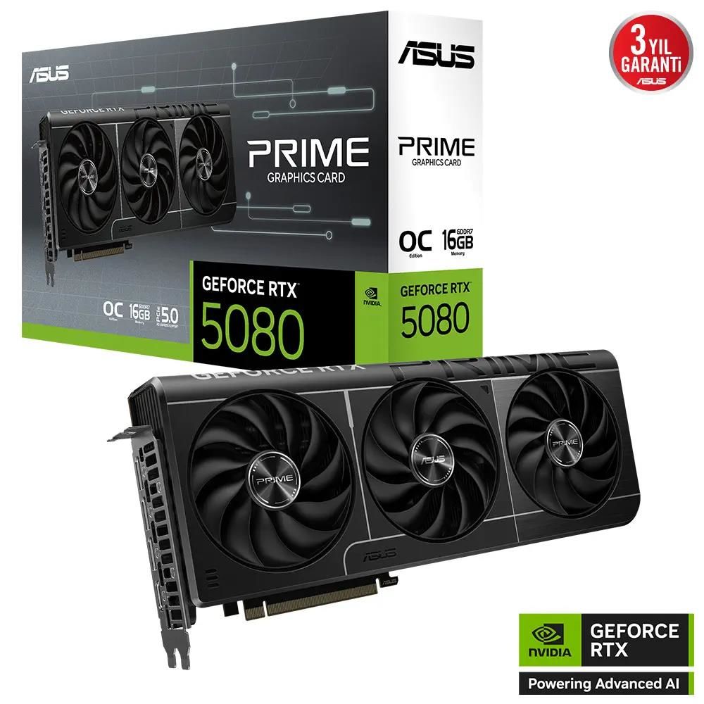 ASUS PRIME GeForce RTX 5080 PRIME‑RTX5080‑O16G Intel Blackwell 10 752 CUDA çekirdek 16GB GDDR7 256‑bit PCIe 5.0 OC Edition 4× DisplayPort 2.1b & HDMI 2.1b Dual‑BIOS SFF‑Ready 2.5‑Slot Gaming Ekran Kartı