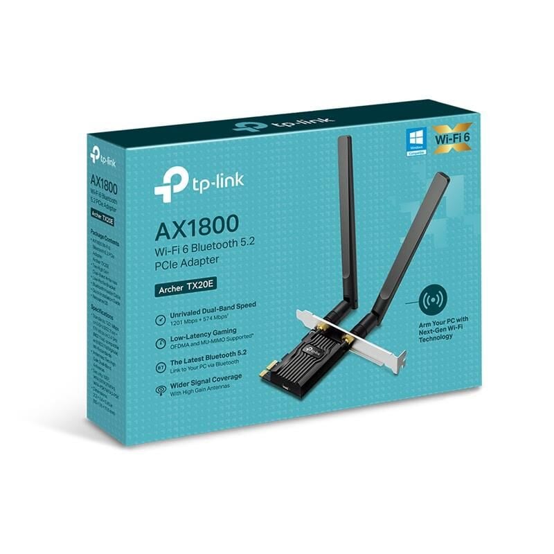 TP‑LINK Archer TX20E AX1800 Dual‑Band Wi‑Fi 6 (802.11ax) Bluetooth 5.2 PCIe x1 Adaptör – 1201 Mbps (5 GHz) + 574 Mbps (2.4 GHz), 2× Yüksek Kazançlı Anten, WPA3, Standart & Low‑Profile Braket, Windows 10/11 Uyumlu