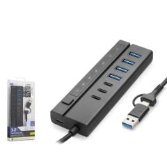 Hadron HDX7062 7 Port USB Hub 5Gbps 4x USB-A 3.2 + 3x USB-C 3.2 7 Port 2in1 Kablolu Çoklayıcı Siyah