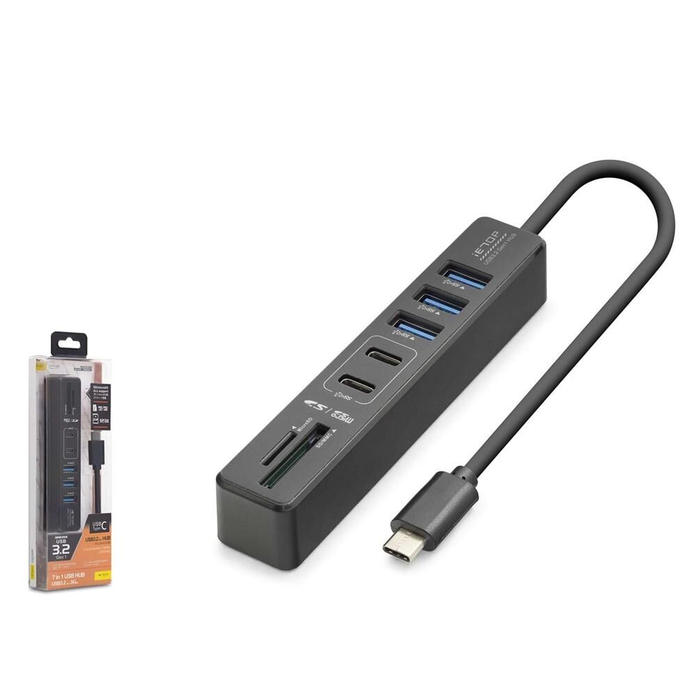 Hadron HDX7061 İetop 7 in 1 USB-C Hub - 2x USB-C 3.2 + 3x USB-A 3.2 + SD/TF Kart Okuyucu 5Gbps Siyah