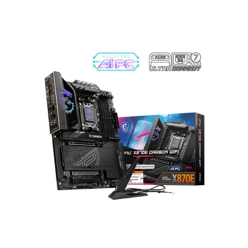 MSI MPG X870E CARBON WIFI ATX Soket AM5 Anakart, AMD X870E Chipset, 4×DDR5 DIMM Destekli EXPO 8400 MT/s OC, 2×PCIe 5.0 x16, 1×PCIe 4.0, 4×M.2 (2×Gen5 + 2×Gen4), USB4 40 Gbps, HDMI, Wi‑Fi 7 (802.11be) ve Bluetooth 5.4, 5 Gbps + 2.5 Gbps LAN,
