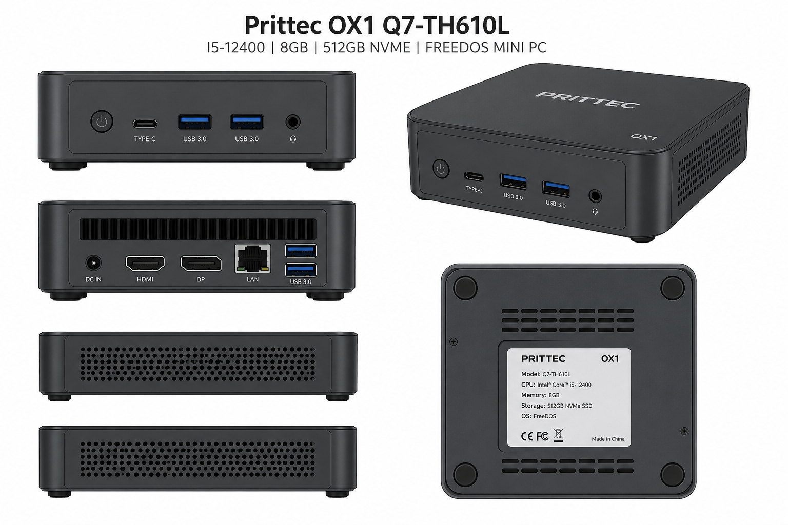 Prittec OX1 Q7-TH610L I5-12400 8GB 512GB Nvme FreeDOS Mini PC