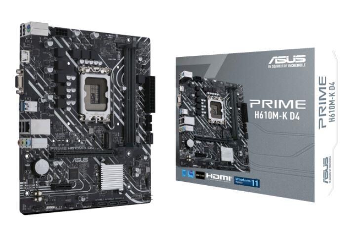 ASUS PRIME H610M‑K D4 DDR4 3200 MHz 2×DIMM (64 GB MAX) Intel® LGA 1700 mATX AMD H610 Chipset 1×VGA D‑Sub + 1×HDMI (4K@60Hz) 1×PCIe 4.0 x16 1×PCIe 3.0 x1 1×M.2 2280 (PCIe 3.0 x4 / SATA) 4×SATA 6 Gb/s Realtek 1 Gb Ethernet USB 3.2 Gen 1 5 Gbps