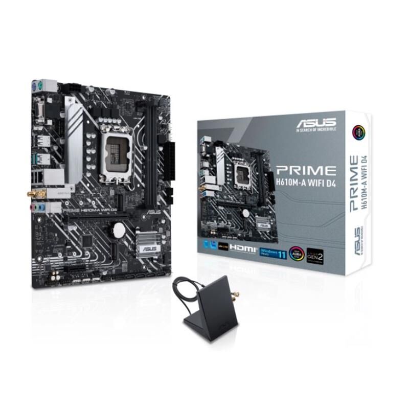 ASUS PRIME H610M‑A WIFI D4 Intel® H610 Chipset LGA 1700 12./13./14. Nesil DDR4 3200 MHz 2×DIMM 64GB 2×M.2 PCIe 3.0×4/×2 Wi‑Fi 5 Bluetooth 5.0 HDMI DisplayPort D‑Sub USB 3.2 Gen 2 1 Gb LAN mATX Anakart