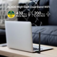 TP‑LINK Archer T2U Plus AC600 Dual‑Band Wireless USB Adaptör 5 dBi Yüksek Kazanç Anten 200 Mbps (2.4 GHz) + 433 Mbps (5 GHz) Win/Mac FreeDOS Siyah