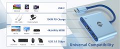 Vcom CUE15 Mavi Type-C to HDMI (4K@60Hz) + USB 3.0 + PD 3.0 100W Çoklayıcı