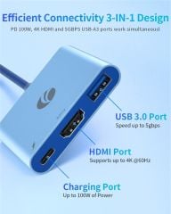 Vcom CUE15 Mavi Type-C to HDMI (4K@60Hz) + USB 3.0 + PD 3.0 100W Çoklayıcı