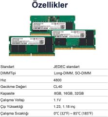 Transcend JetRam 32GB DDR5 4800MHz CL40 SODIMM Notebook Bellek (JM4800ASE-32G)