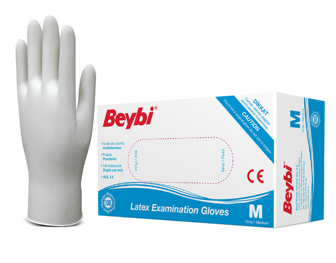Beybi Lateks Pudralı Muayene Eldiven Large (L) 100’lü Paket Tek Kullanımlık Eldiven