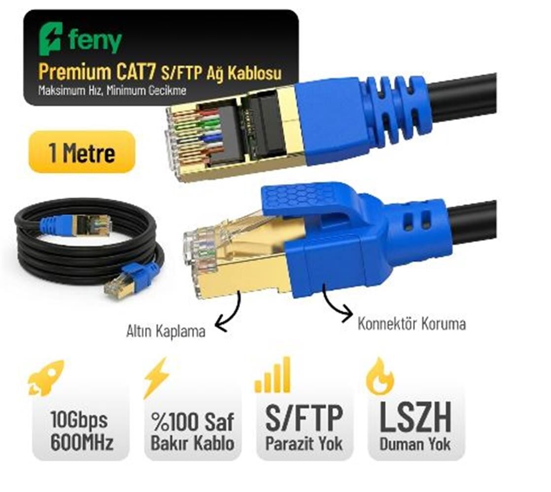 Feny FN-CAT7LS01 1 Metre CAT7 SSTP 10Gbps 600MHz Altın Uçlu Siyah Patch Kablo