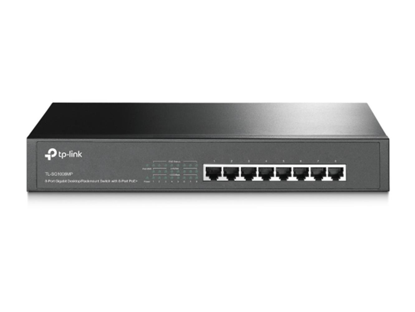 TP‑Link TL‑SG1008MP 8 Port Gigabit (10/100/1000 Mbps) PoE+ Switch – 8× IEEE 802.3af/at PoE+ Port, 153 W Toplam Güç, Metal (Rack/Desktop) Çelik Kasa