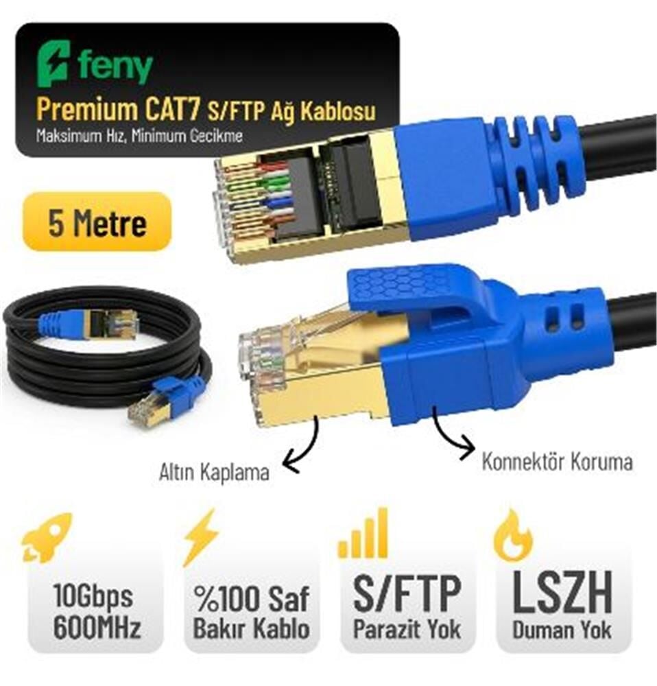 Feny FN-CAT7LS05 10Gbps 600MHz 5 Metre CAT7 Gold Konnektörlü S/FTP LSZH Ethernet Patch Kablo