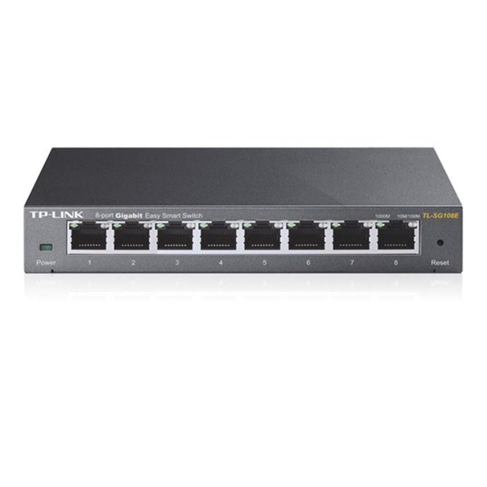 TP‑Link TL‑SG108E 8 Port 10/100/1000 Mbps Gigabit Easy Smart Switch Metal Çelik Kasa – Web Yönetimli, VLAN/QoS/IGMP/Port Mirror, Fanless