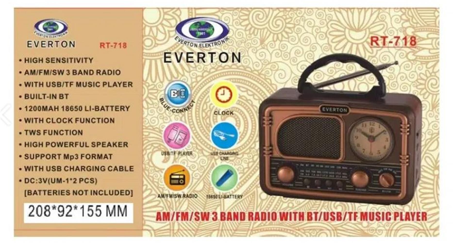 Everton RT-718 Bluetooth, USB, SD, FM Destekli Dahili Şarjlı Taşınabilir Nostaljik Radyo