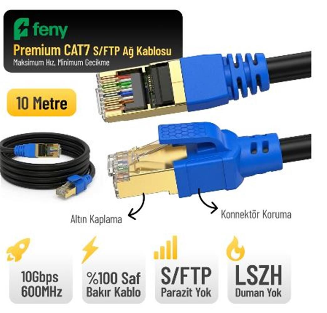 Feny FN-CAT7LS10 10Gbps 600MHz 10 Metre CAT7 SSTP Gold Kaplama Konnektörlü Flat Patch İnternet Kablosu