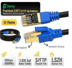 Feny FN-CAT7LS10 10Gbps 600MHz 10 Metre CAT7 SSTP Gold Kaplama Konnektörlü Flat Patch İnternet Kablosu