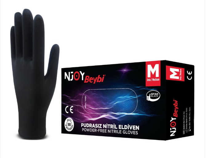 Beybi Njoy Nitril Siyah Muayene Eldiven Large (L) Pudrasız Tek Kullanımlık Eldiven