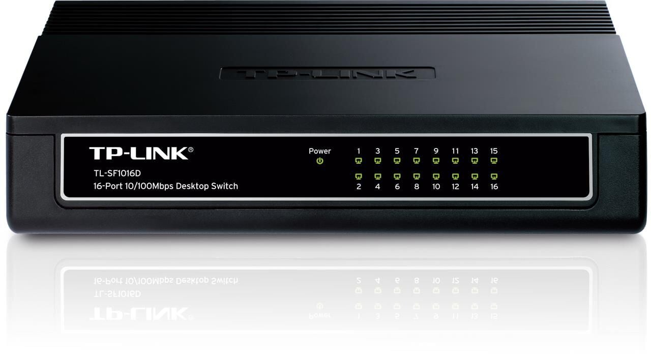 TP-LINK TL‑SF1016D 16-Port 10/100Mbps Plastik Kasa Masaüstü/Wand‑Mount Unmanaged Switch (Auto MDI/MDIX, IEEE 802.3x Flow Control, Enerji Tasarruflu)