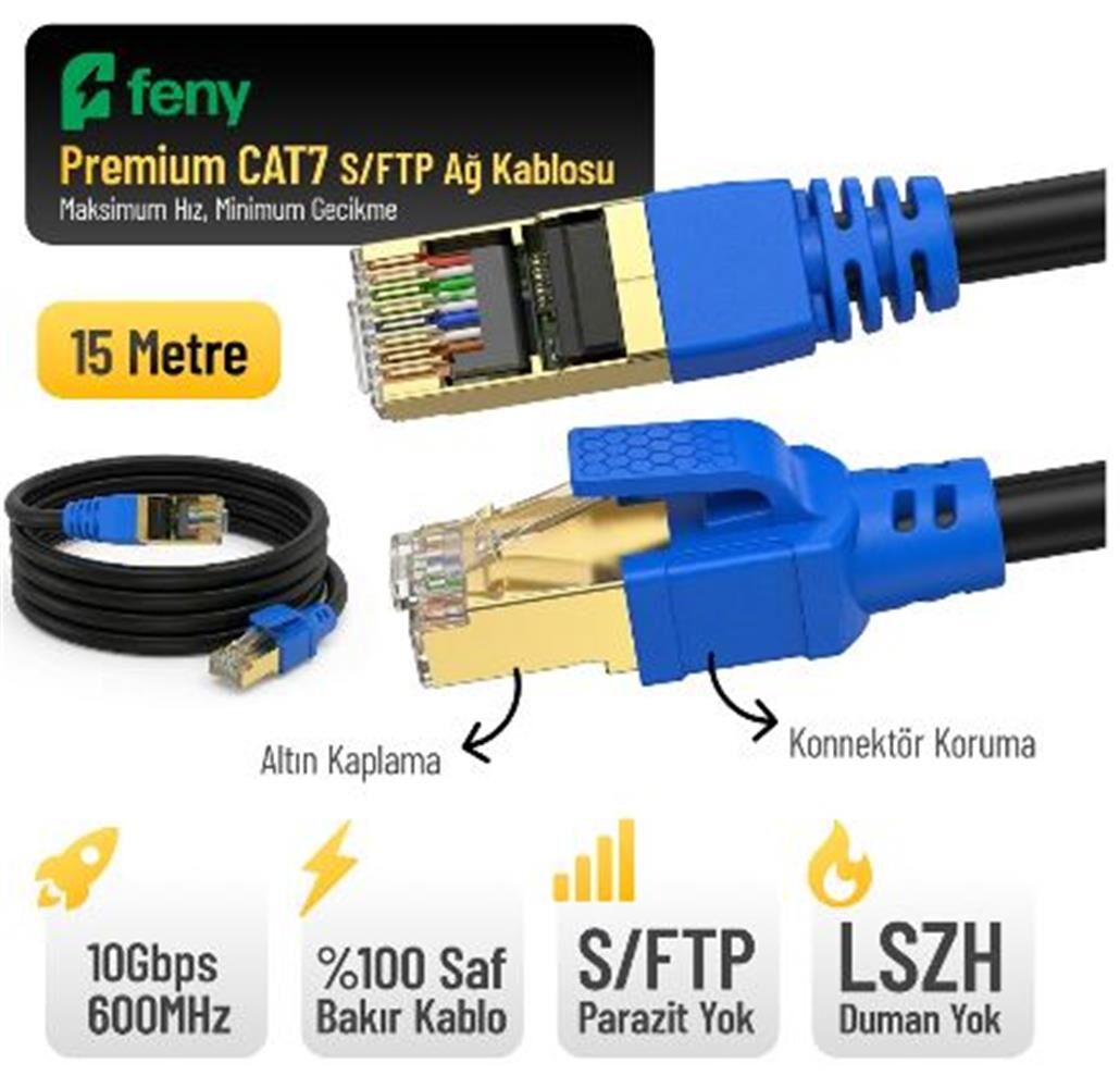 Feny FN-CAT7LS15 Cat7 SFTP 10Gbps 600MHz Gold Konnektörlü Ethernet Patch Kablo - 15 Metre