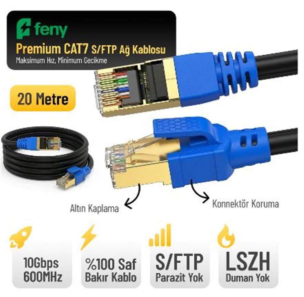 Feny FN-CAT7LS20 Cat7 SFTP 10Gbps 600MHz Gold Konnektörlü Ethernet Patch Kablo - 20 Metre