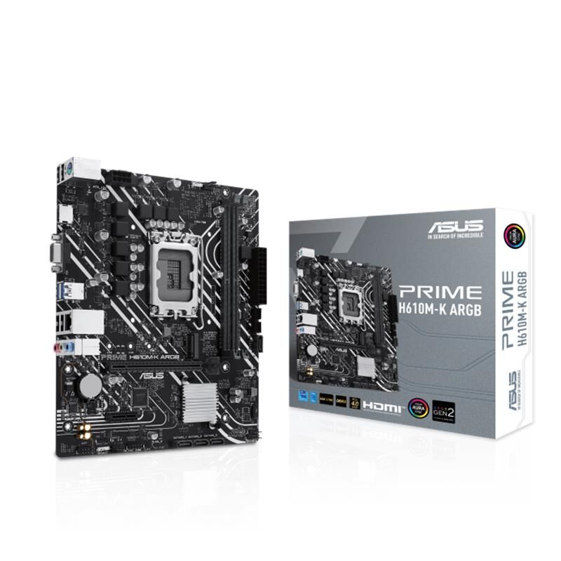 ASUS PRIME H610M‑K ARGB DDR5 5600 MHz Intel LGA 1700 Micro‑ATX H610 Anakart (12. / 13. / 14. Nesil Intel CPU Uyumlu, VGA + HDMI, 1×M.2, USB 3.2 Gen 1, Aura Sync RGB)