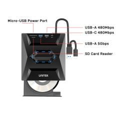 UNITEK T1037A01 Harici DVD-RW Type-C/A + 5in1 Çoklu Dock Station