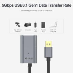 UNITEK Y‑3005 USB 3.0 10 m Alüminyum Gövdeli Active Extension Cable Premium Chipset Gümüş/Antrasit 5 Gbps Transfer Hızlı Plug‑and‑Play DC Jack ile Notebook & PC Destekli