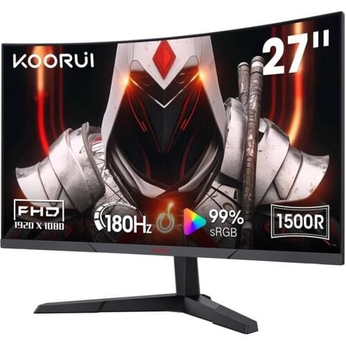 Koorui 27E6CA 27'' Curved VA Oyun Monitörü – 1920×1080 Full HD, 180 Hz, 1 ms (MPRT), 1500R Eğrilik, Adaptive‑Sync, 99 % sRGB, Dual HDMI 2.0 & DisplayPort 1.2