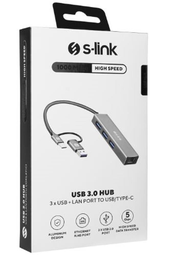 S-link SW-U332 Type-C - USB 3.0 Gigabit Ethernet (1000Mbps) Adaptör ve 3 Portlu USB Hub