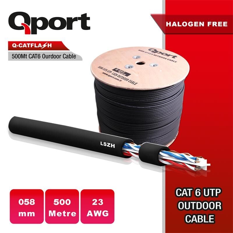 QPORT Q‑CATFLASH 500 Metre LSZH Cat6 Outdoor Kablo 23 AWG (0.58 mm) Halojen‑Free Yanmaz