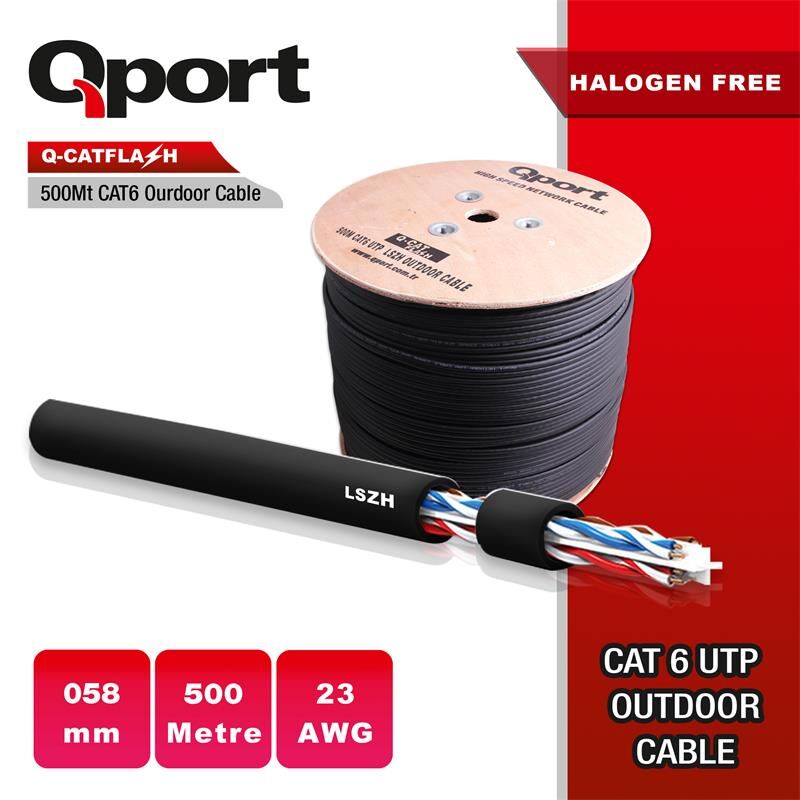 QPORT Q‑CATFLASH 500 Metre LSZH Cat6 Outdoor Kablo 23 AWG (0.58 mm) Halojen‑Free Yanmaz