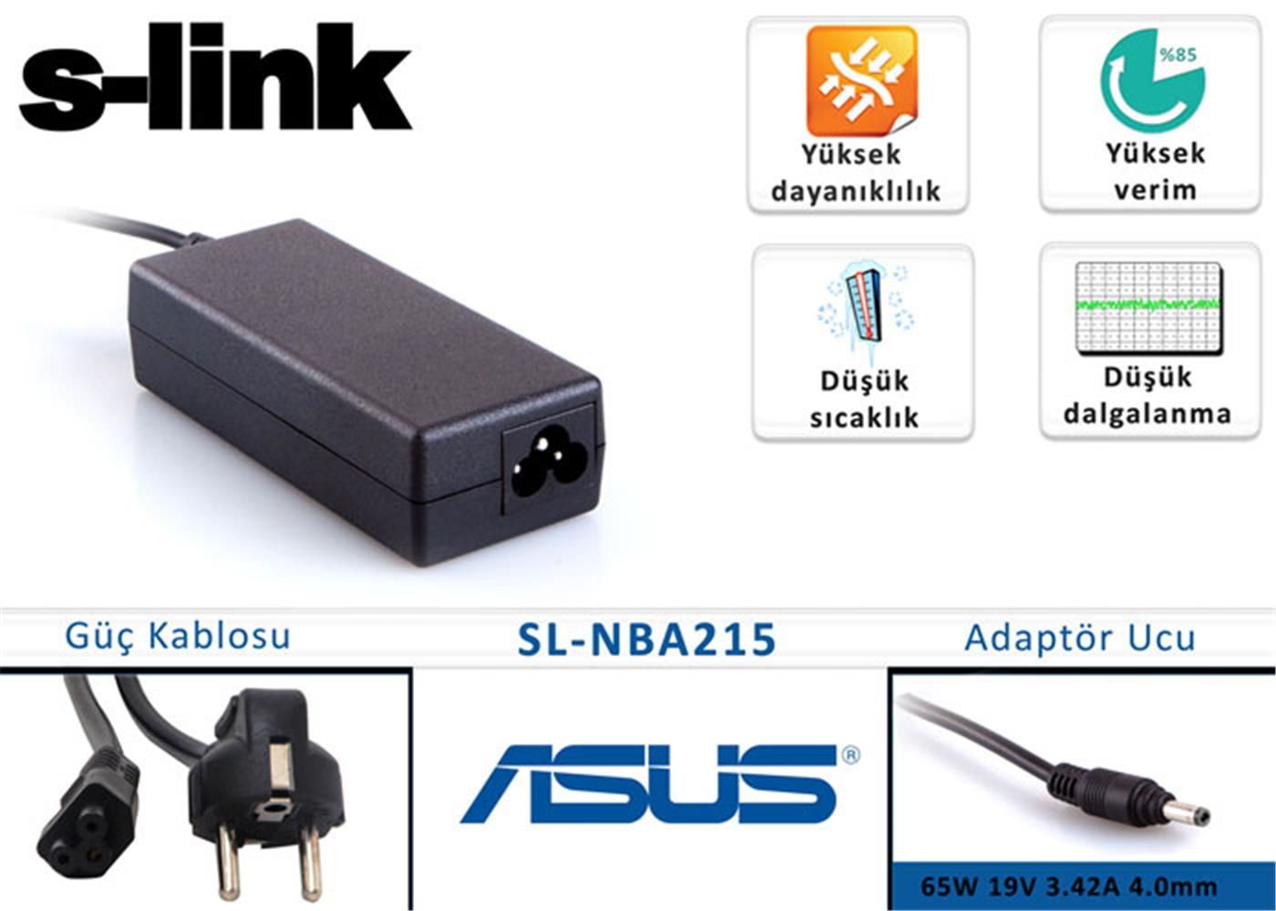 S-link SL-NBA215 65W 19V 3.42A 4.0mm x 1.5mm Asus Ultrabook Uyumlu Standart Notebook Adaptör