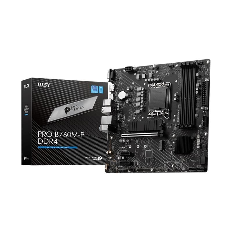 MSI PRO B760M‑P DDR4 LGA 1700 DDR4‑4800 MHz (OC) 128 GB 1×HDMI™ 1.4 (4K@30Hz) 1×DisplayPort 1.4 (4K@60Hz) 1×VGA DDR4‑4600 MHz USB 3.2 Gen 2 Type‑C 10 Gbps USB 3.2 Gen 1 Type‑A USB 2.0 2×M.2 PCIe 4.0 x4 Lightning Gen4 M.2 Shield 2Frozr Micro‑ATX Anakart