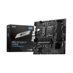 MSI PRO B760M‑P DDR4 LGA 1700 DDR4‑4800 MHz (OC) 128 GB 1×HDMI™ 1.4 (4K@30Hz) 1×DisplayPort 1.4 (4K@60Hz) 1×VGA DDR4‑4600 MHz USB 3.2 Gen 2 Type‑C 10 Gbps USB 3.2 Gen 1 Type‑A USB 2.0 2×M.2 PCIe 4.0 x4 Lightning Gen4 M.2 Shield 2Frozr Micro‑ATX Anakart