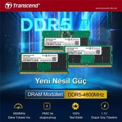 Transcend JetRam 16GB 4800MT/s DDR5 CL40 SODIMM 1Rx8 1.1V Notebook Bellek (JM4800ASE-16G)