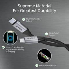 UNITEK USB-C 3.2 KABLO 2MT 5GBPS, 100W PD, 4K&60Hz  (C14091ABK)