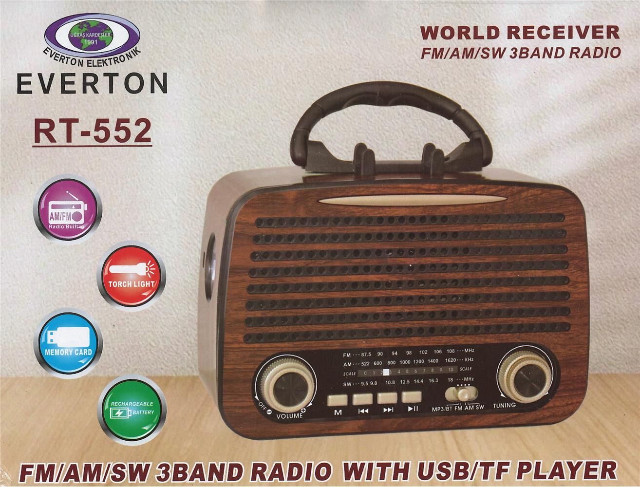 Everton RT-580 Ahşap Görünümlü Bluetooth FM/AM/SW 3 Bant Radyo USB/TF/AUX Destekli Şarjlı Nostaljik Radyo