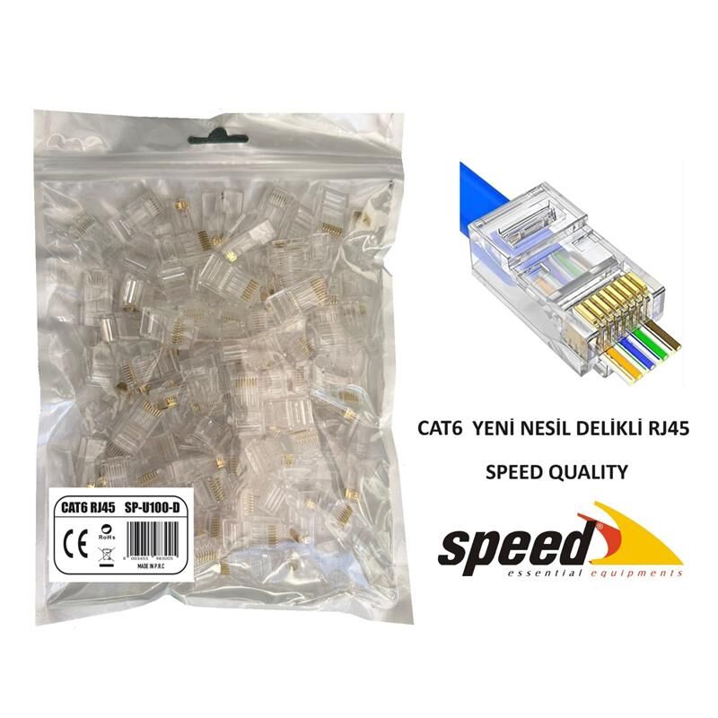 SPEED SP U100 D Cat6 Yeni Nesil Delikli RJ45 Konnektör 100 Adet